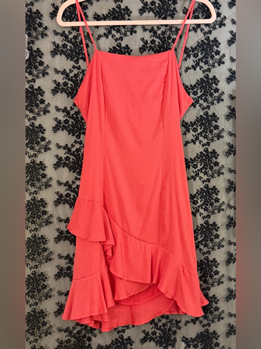 Coral Ruffle Hem Mini Dress with tie back | Blue Rain | M
